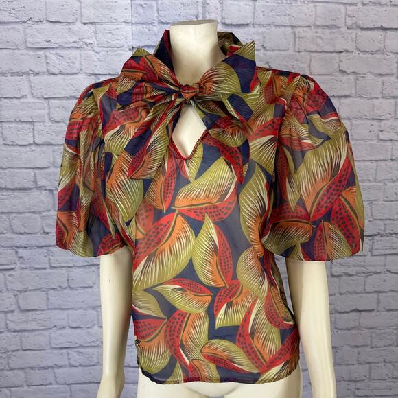 CQ by CQ Multicolored Fall Leaf short big puffy sleeved blouse size large - Picture 2 of 12